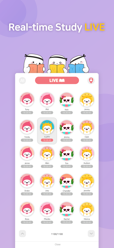 Real-time study live feature on FLIP app showing a community of students focusing together