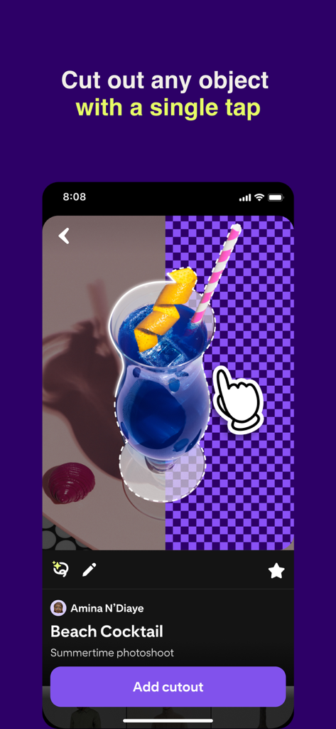 Oberfläche von Shuffles von Pinterest, die zeigt, wie ein Cocktail-Objekt mit einem einzigen Tippen ausgeschnitten wird