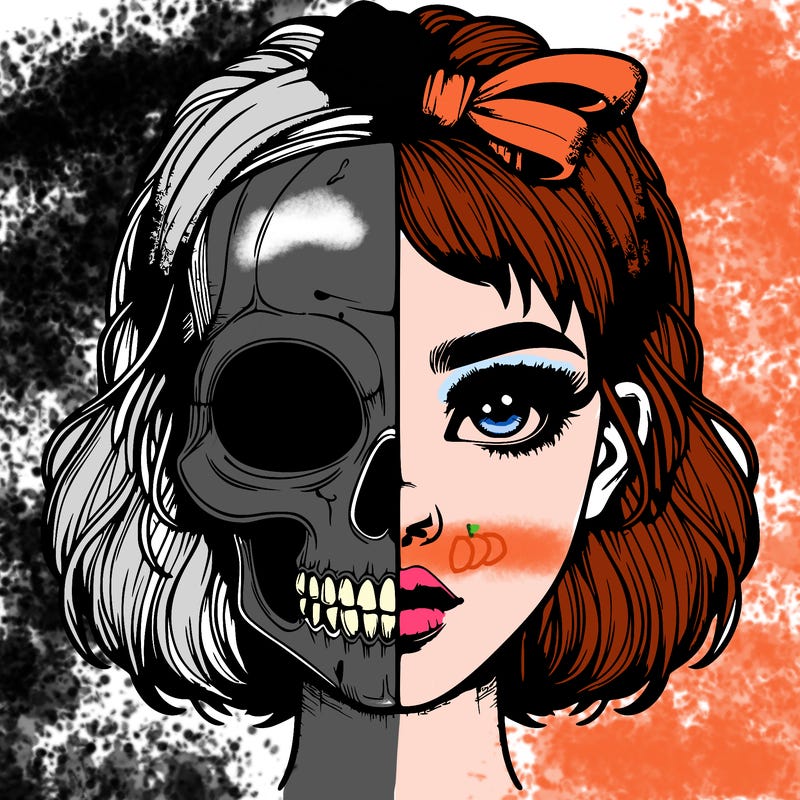 realistic girl with half skull mask