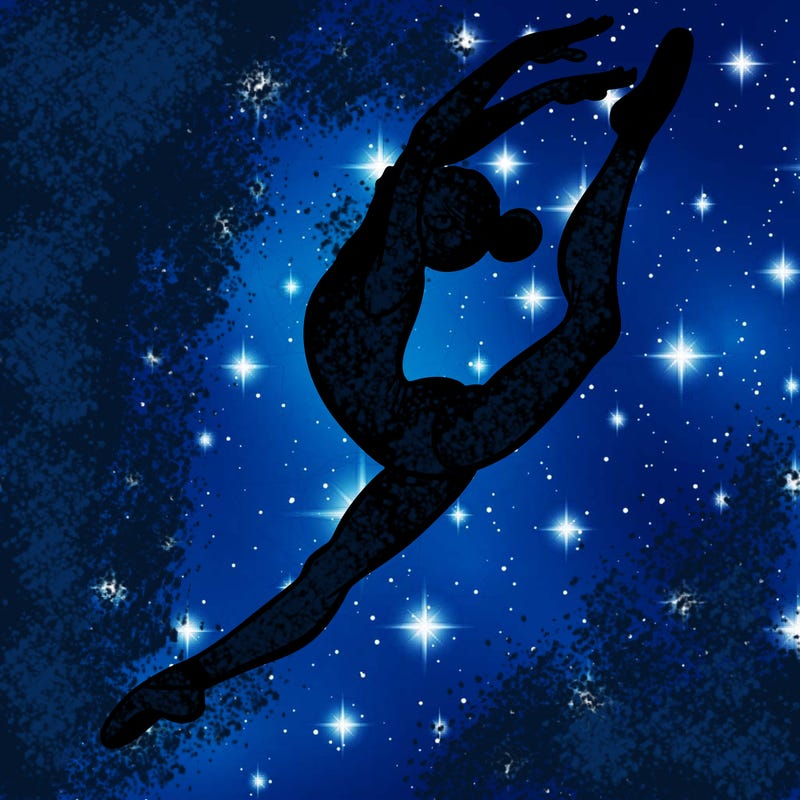 gymnast doing a leap in a leotard with a bent back leg