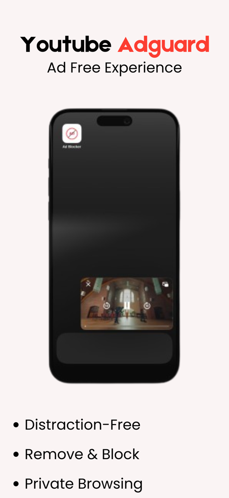Captura de pantalla del iPhone de la aplicación Adguard de YouTube destacando la experiencia sin anuncios y las funciones de navegación privada