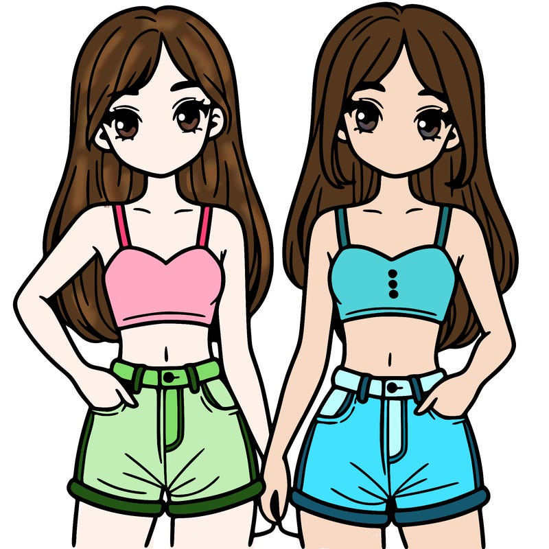 two sisters with crop tops and jean shorts and straight hair