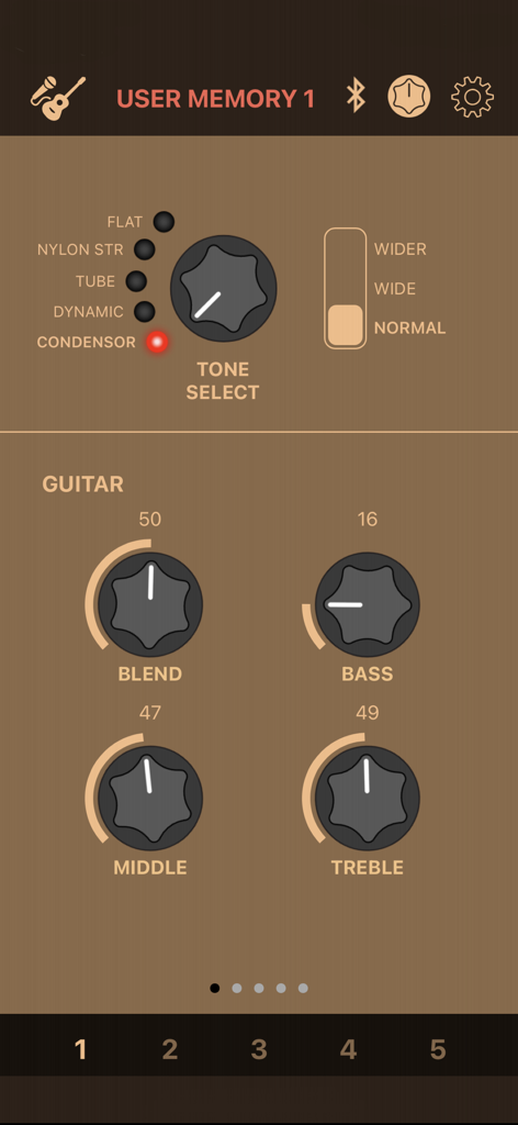 THR Remote app interface showing guitar tone selection and EQ adjustments with knobs for blend bass middle and treble