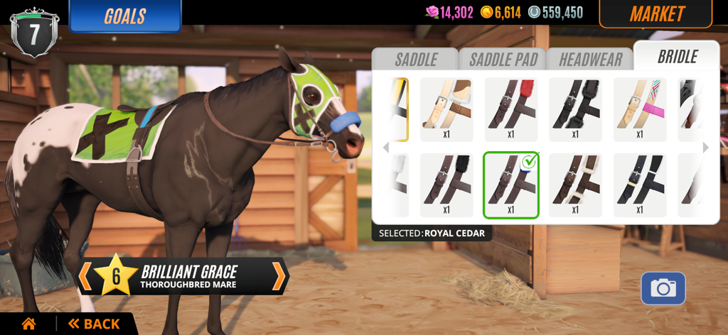 Um menu de personalização no Rival Stars Horse Racing mostrando várias opções de rédeas para uma égua Puro Sangue chamada Brilliant Grace.