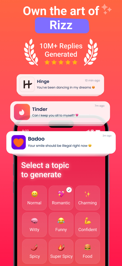 Interface of Rizz Me app showing AI reply categories like romantic, witty, and spicy alongside mock dating app notifications