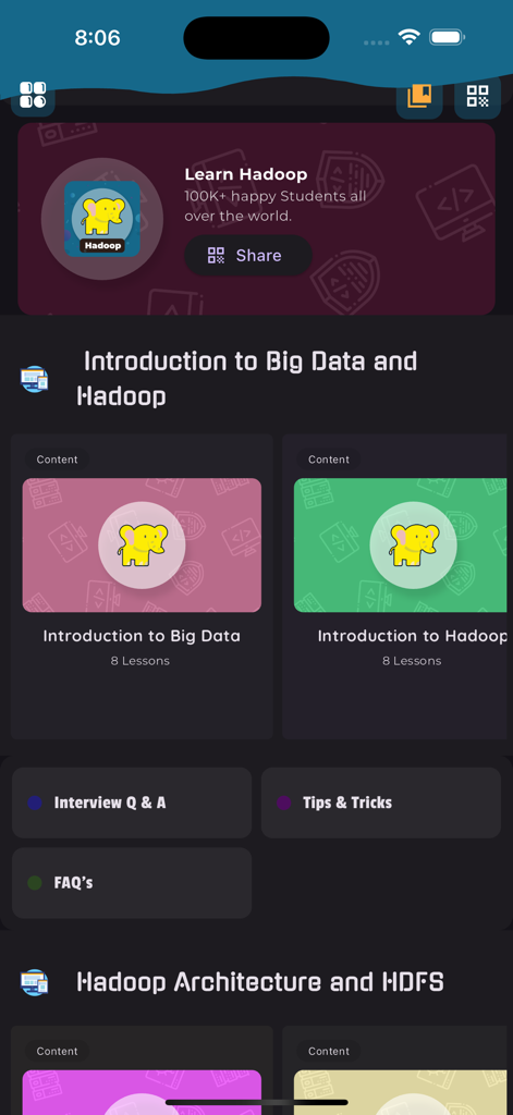 Learn Hadoop and Big Dataアプリのダッシュボード。レッスンモジュールと面接準備セクションが表示されます。
