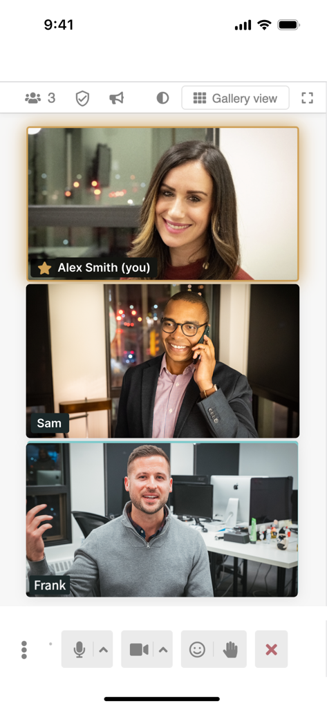 FreeConference.com - Interface of the FreeConference app showing a group video meeting with three participants in gallery view
