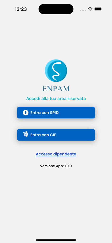 Écran de connexion de l'application ENPAM Iscritti avec des boutons bleus pour l'authentification SPID et CIE.