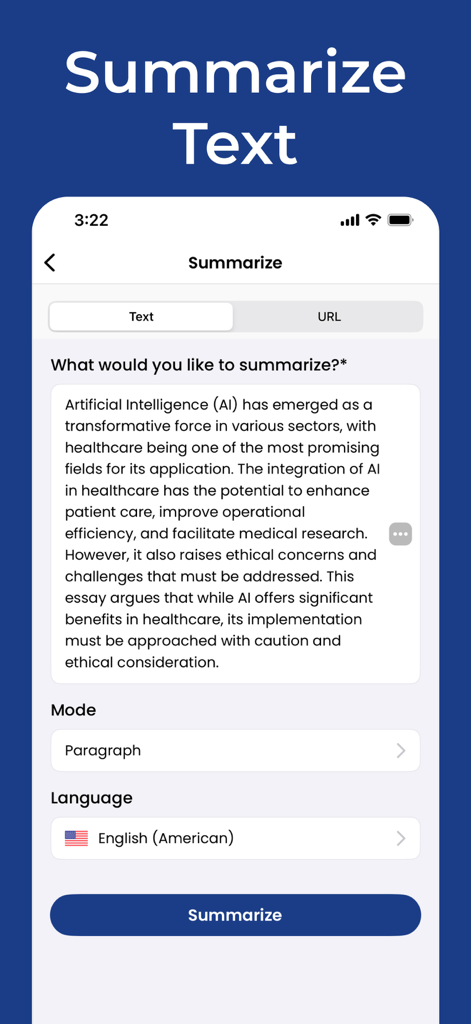 PenPilot app interface showing the AI text summarization tool with options for paragraph mode and American English.