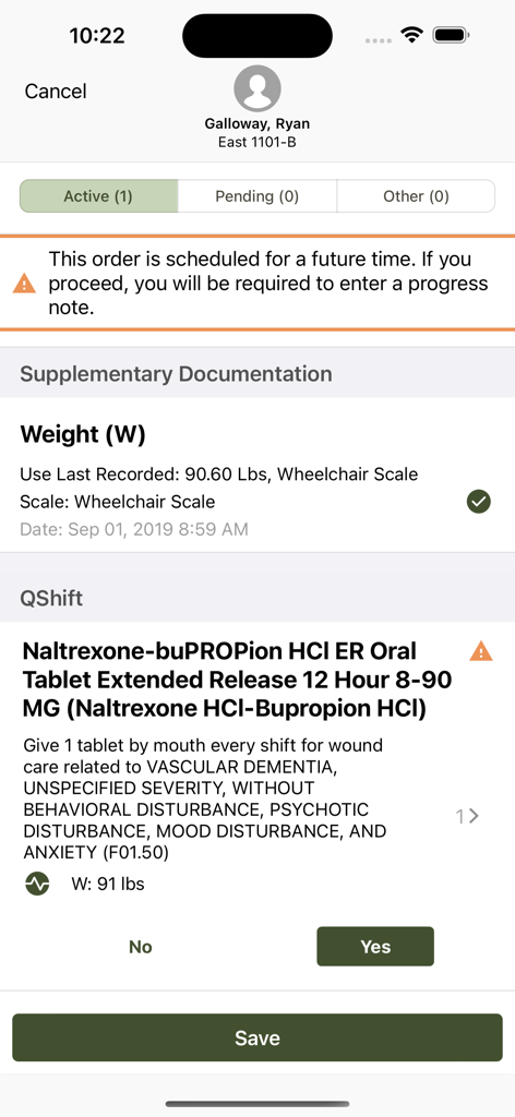 PointClickCare Companion app interface for documenting medication administration and resident health data