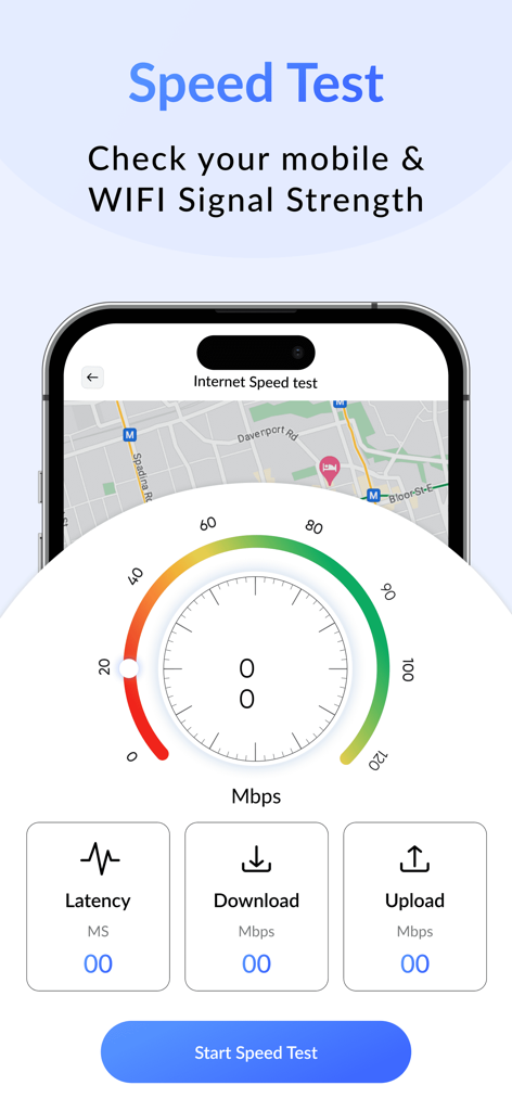 Interfaz de prueba de velocidad de aplicación móvil que muestra la intensidad de la señal de red y un medidor de velocidad de descarga