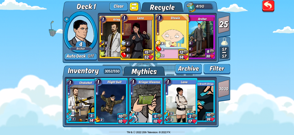 Animation Throwdown: CCG - Animation Throwdown Deck-Management-Bildschirm mit sammelbaren Charakterkarten und Inventar