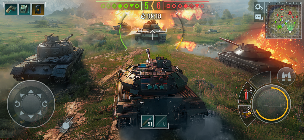 Batalla de tanques 3D realista en un paisaje rural con explosiones e interfaz de juego.