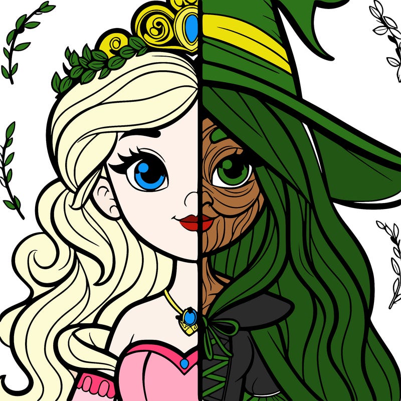 detailed realistic split of a princess and a witch