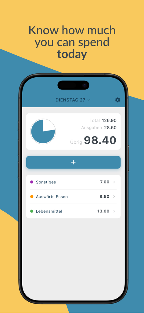 BUDGT app interface showing daily remaining budget and categorized expenses list
