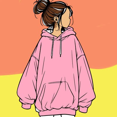 realistic girl with a oversized sweatshirt on and a bun