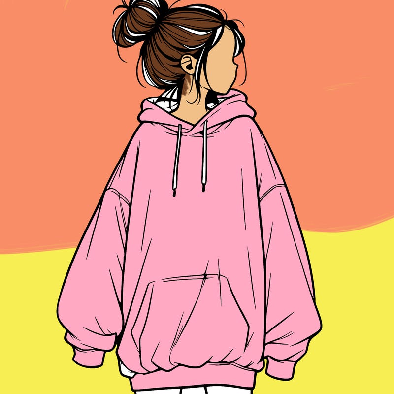 realistic girl with a oversized sweatshirt on and a bun
