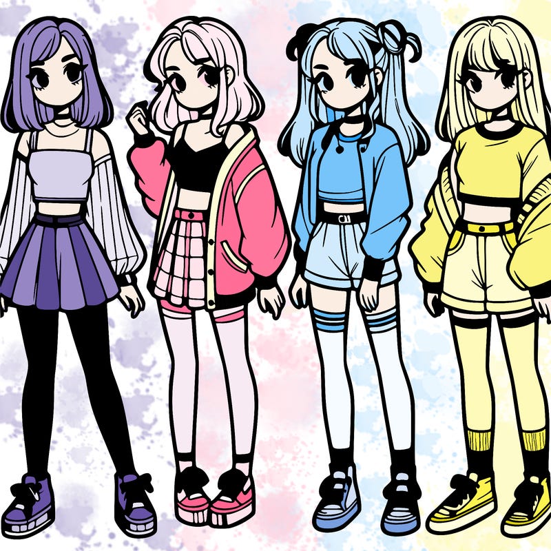 one girl with crop-top shirt and a jacket with a skirt, long socks and another girl with a shirt and pants with a jacket