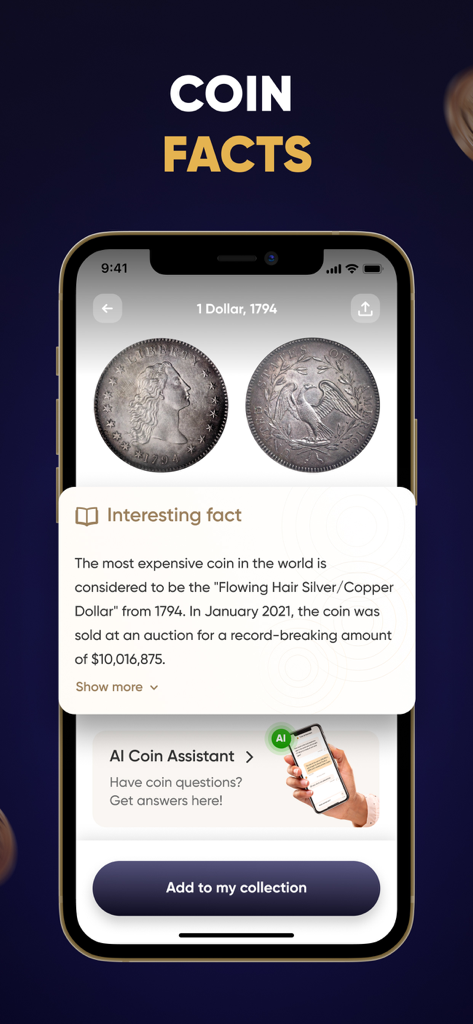 Coin Identifier - CoinScan - Screenshot of the CoinScan app displaying historical facts and auction price for a rare 1794 Flowing Hair silver dollar.