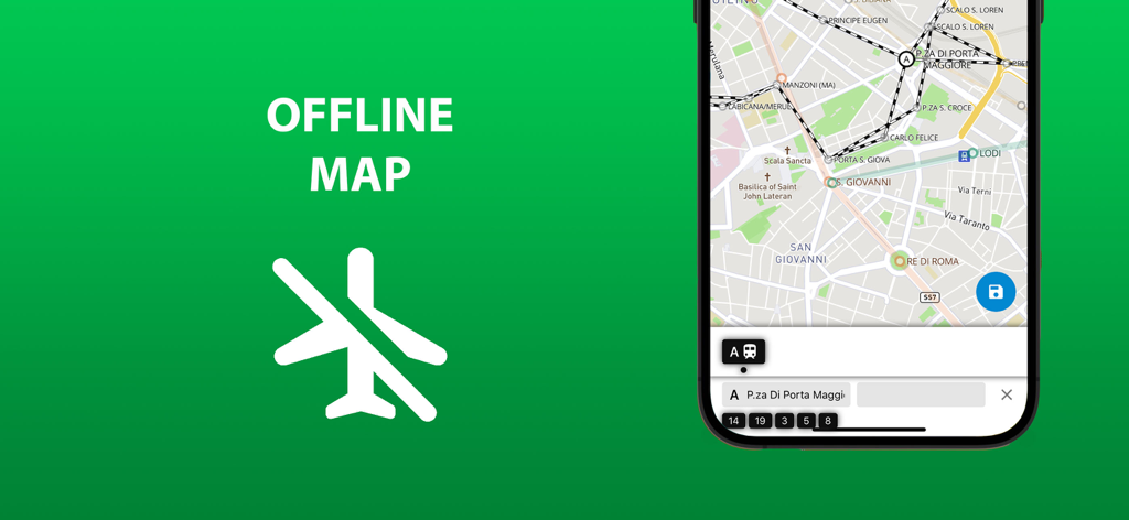교통 경로와 비행기 모드 아이콘을 보여주는 발렌시아 대중교통 앱의 오프라인 지도 기능