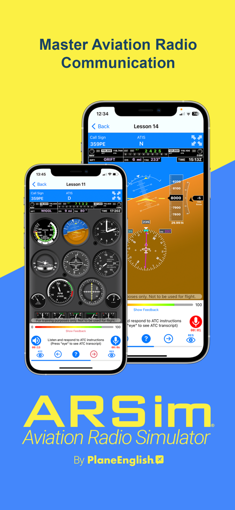 PlaneEnglish: ARSim - PlaneEnglish ARSim app screens showing aviation radio communication training and flight instrument panels