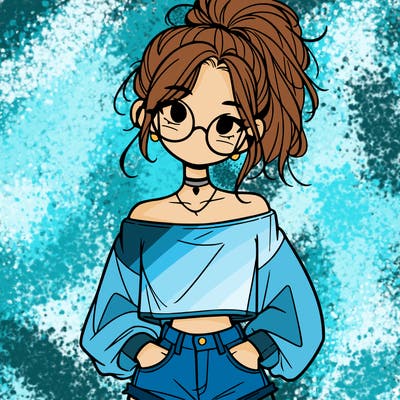 girl with a messy ponytail glasses a baggy crop top and jean shorts