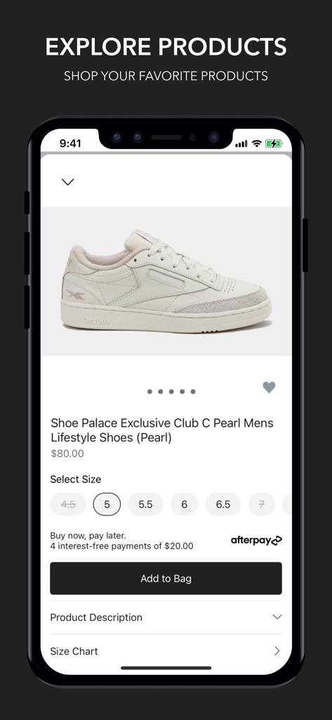 Shoe Palace - Página de producto de la aplicación Shoe Palace que muestra zapatillas lifestyle exclusivas Reebok con selección de talla y precio