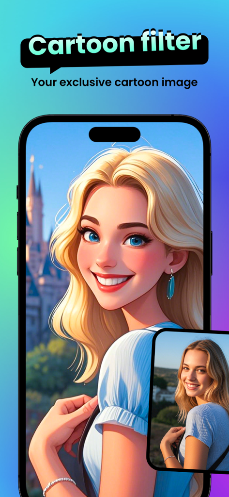 A woman's photo transformed into a cartoon style using the SnapMe AI app filter