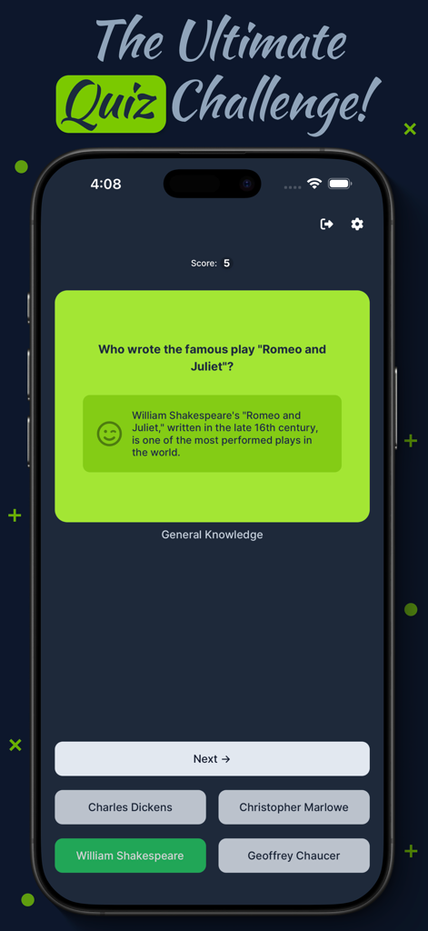 Decode Quest: Trivia Quiz Game - Mobile screen of Decode Quest Trivia Quiz Game showing a general knowledge question about William Shakespeare with the correct answer highlighted in green.