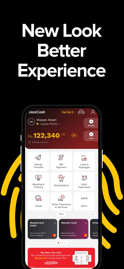 JazzCash- Your Mobile Account - JazzCash mobile app home screen showing digital wallet balance and financial services icons
