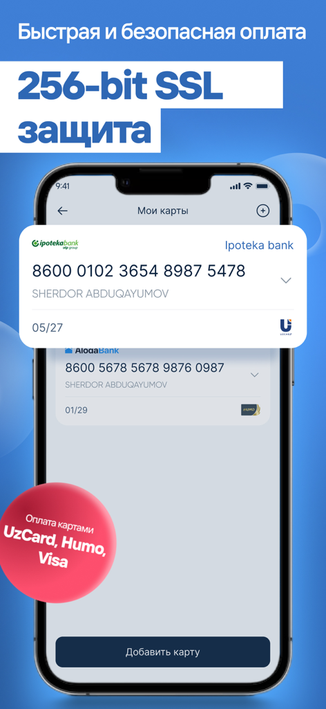 Euroasia Insurance app interface showing bank card management with secure SSL protection for payments.