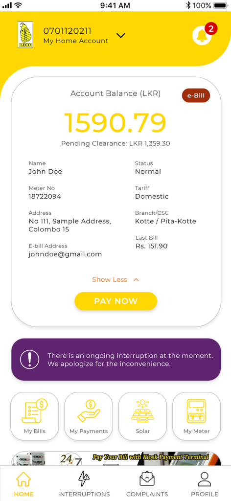 Dashboard of My Leco App displaying electricity account balance and service interruption alerts