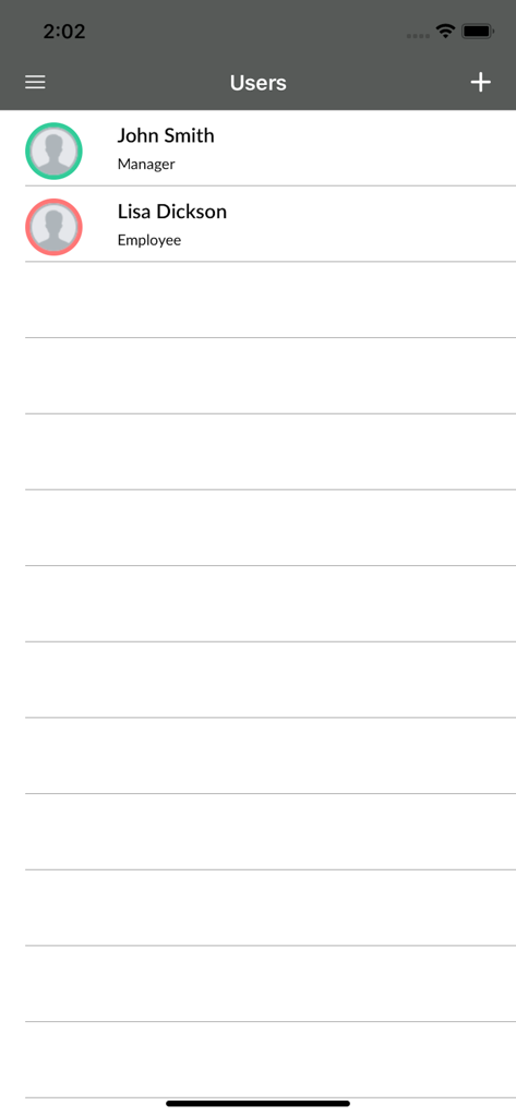 Bixpe Worktime Tracking - Pantalla de gestión de usuarios en Bixpe Worktime Tracking que muestra una lista de nombres de personal y roles.