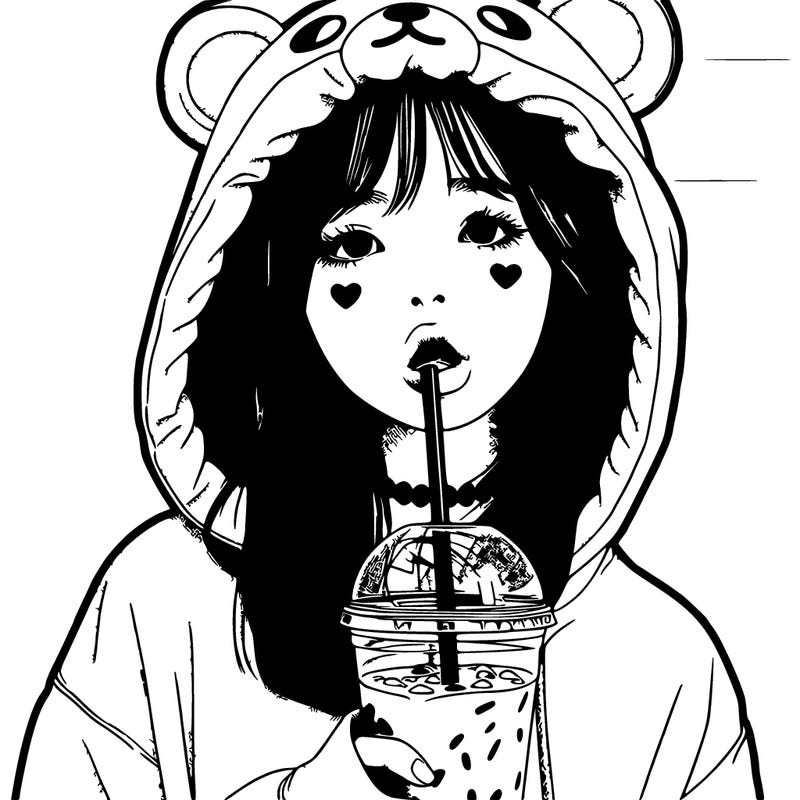 realistic girl with mouth in a bear hoody drinking boba