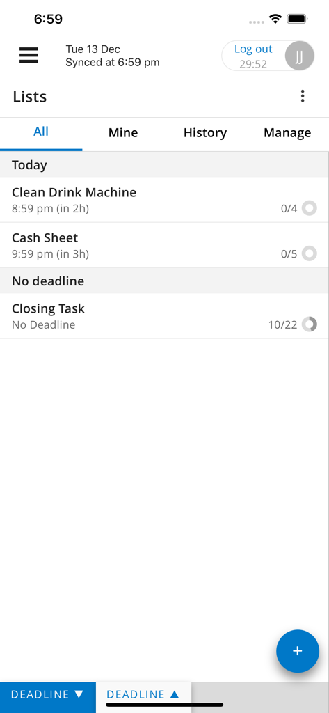 Jolt app dashboard displaying a list of restaurant operational tasks including drink machine cleaning and closing checklists.
