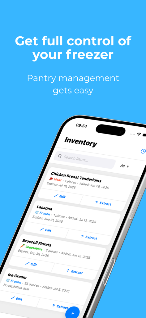 Freezer Inventory Tracker - A mobile app screen showing a list of frozen food items with their expiration dates and quantities
