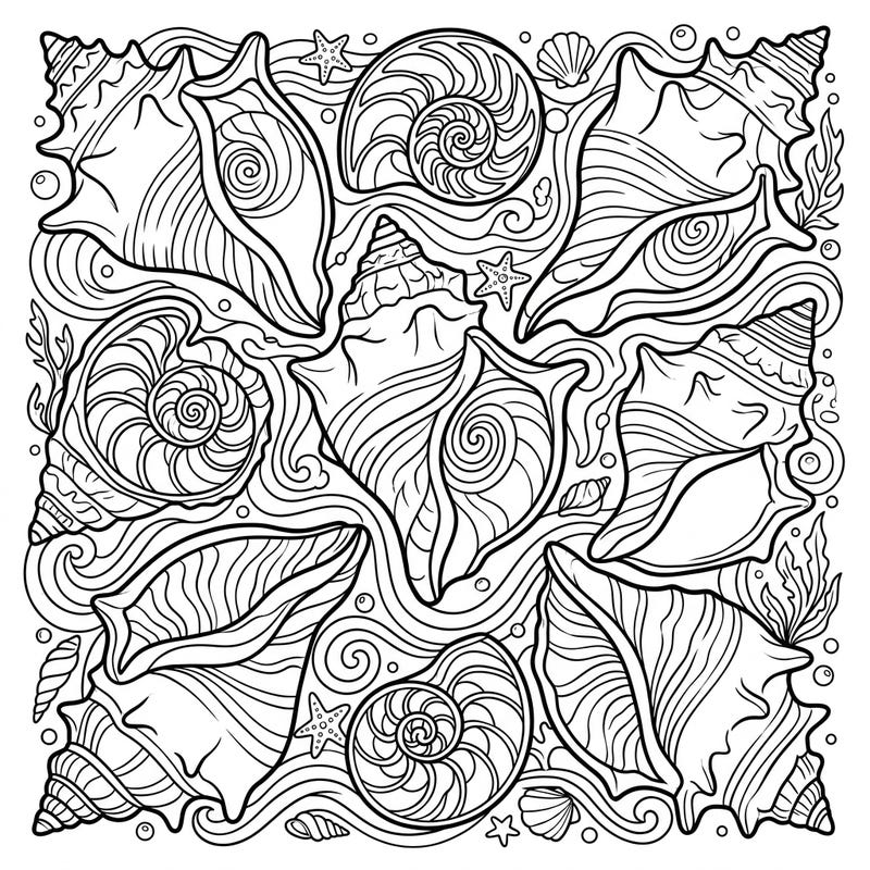 Immerse yourself in the serene beauty of the ocean with this intricate coloring page featuring a mesmerizing array of conch shell spirals. Discover the delicate patterns of marine life and waves, ready for your creative touch.