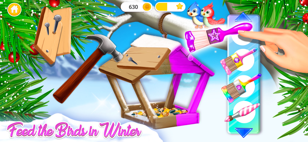 Pony Sisters Christmas - Building and painting a bird feeder for small winter birds in a snowy scene