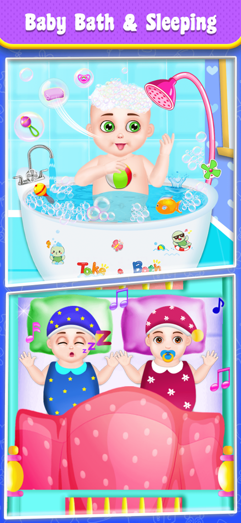 Pregnant Mom BabySitter Game - A cartoon baby in a bath and twin babies sleeping in the Pregnant Mom BabySitter Game