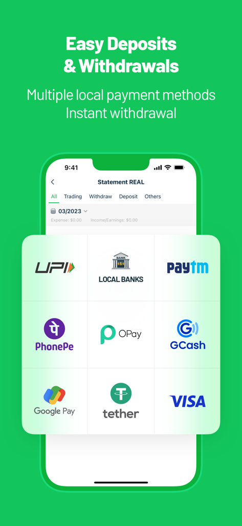 Pantalla de la aplicación Trade W mostrando varios métodos de pago para depósitos y retiros fáciles.