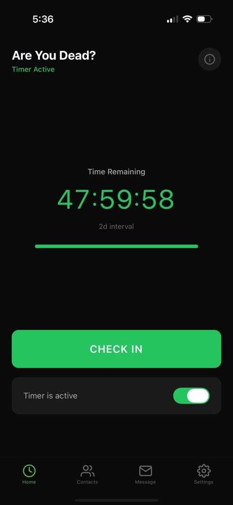 Are You Dead? Deadman Switch - Are You Dead app home screen showing a countdown timer with 48 hours remaining and a large green check in button