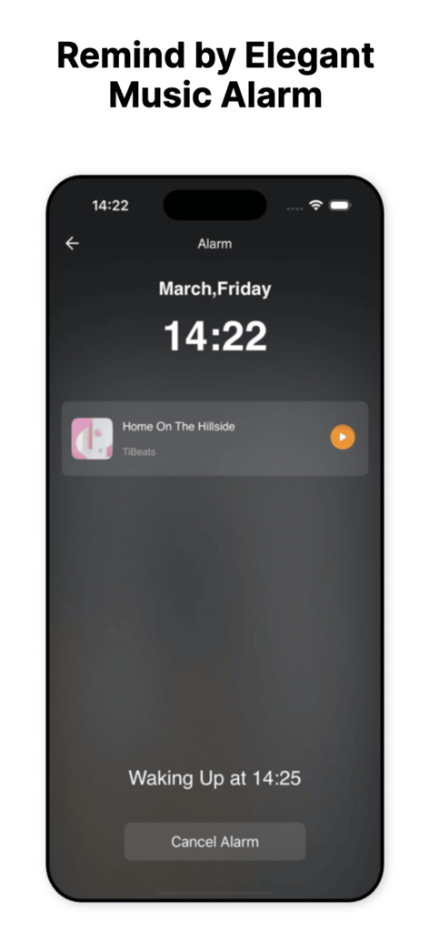Interfaz de la alarma del reproductor de música sin conexión de TiBeats que muestra una hora de despertar programada y la canción seleccionada.