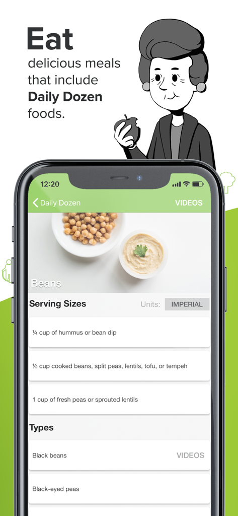Dr. Greger’s Daily Dozen - Smartphone display of Dr. Gregers Daily Dozen app showing bean serving sizes and types.