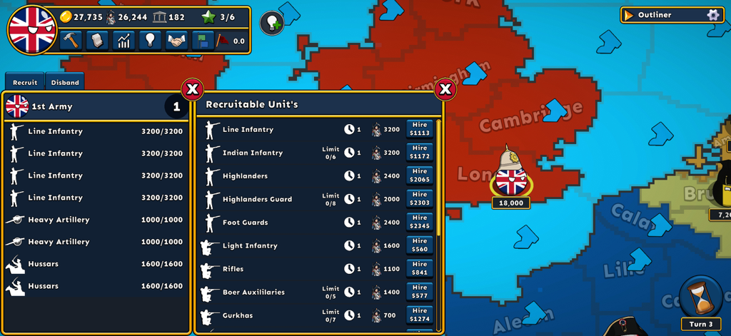 Countryballs Conquest - Gameplay interface of Countryballs Conquest showing the military unit recruitment menu for the British Empire