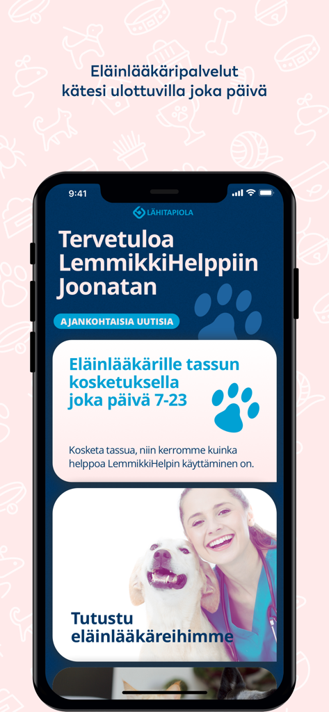 LemmikkiHelppi mobile app home screen featuring pet veterinary services and a friendly vet with a dog