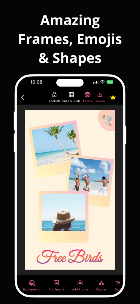 Collage Maker CollagePhotoApp - Interfaz de la aplicación Collage Maker con fotos de vacaciones en la playa en marcos de Polaroid y texto artístico