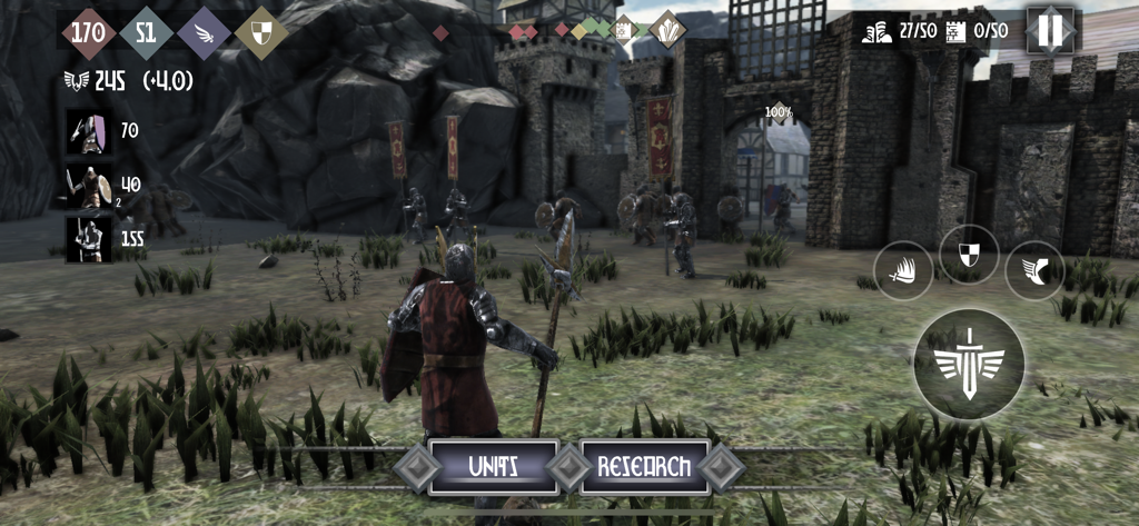 Heroes and Castles 2 - Vista de juego en tercera persona de un caballero defendiendo la puerta de un castillo con unidades invocadas en Heroes and Castles 2