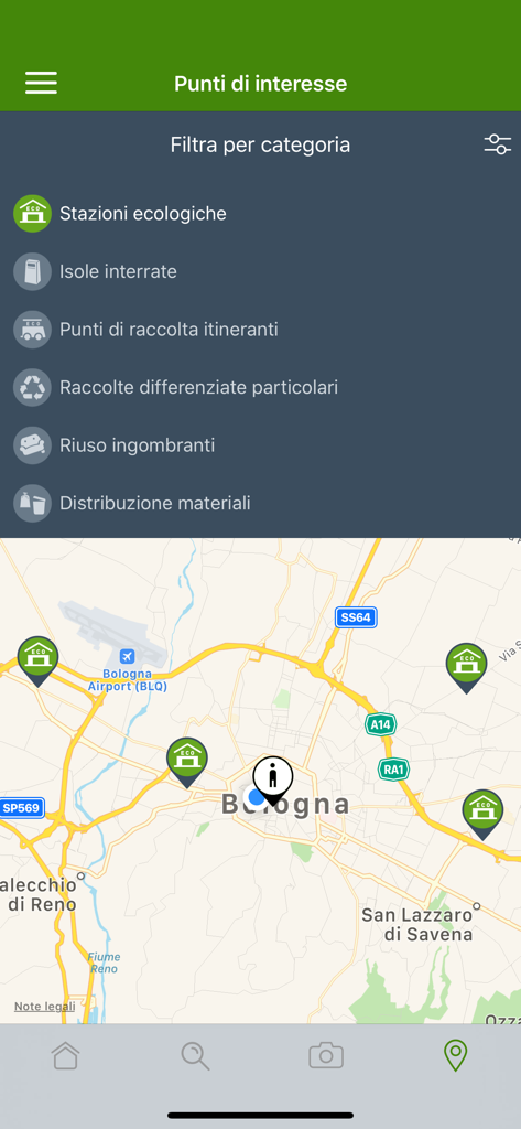 Interfaccia dell'app il Rifiutologo che visualizza una mappa dei punti di raccolta rifiuti e un menu di filtri.