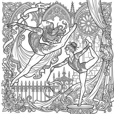 Experience the stunning fusion of athletic grace and dramatic gothic artistry with this captivating coloring page. Delicate patterns on the gymnasts' leotards blend seamlessly with ornate architectural backdrops, inviting you to unleash your creativity.