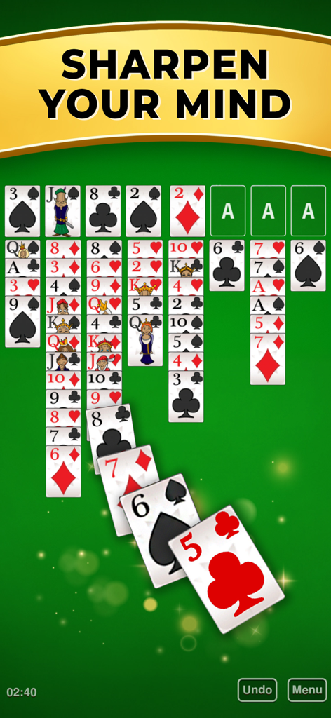 FreeCell Classicソリティアカードゲームのインターフェース。「脳を研ぎ澄ます」というテキストが表示されています。